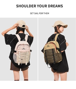 Detail of waterproof nylon backpack with breathable mesh pockets and adjustable buckles