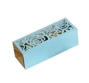 Light blue laser-cut rose gift box with gold interior for wedding favors or chocolate