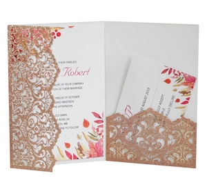 Rose gold glitter laser-cut wedding invitation set with autumn maple leaf design and RSVP card
