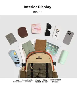 Detailed view of spacious khaki backpack showing multi-pocket storage for laptop and gear