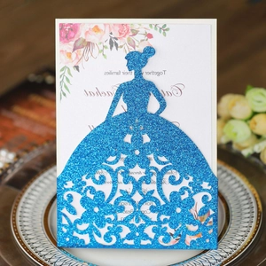 Elegant laser-cut blue glitter wedding invitation featuring a girl silhouette and floral inlay