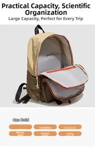 Detail view of large capacity waterproof backpack showing orange trimmed inner compartments