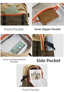 Detailed views of multi-compartment khaki nylon backpack with orange zipper accents