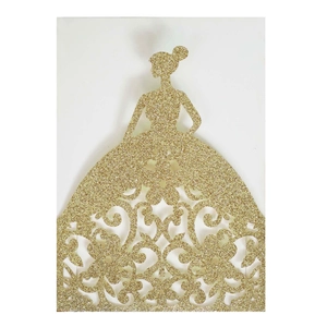 Golden glitter laser cut wedding invitation featuring an elegant bride silhouette