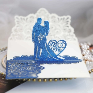 Laser Cut 3D Pop Up Wedding Invitation Card Glitter Heart Mr Mrs Bride Groom Silhouette Greeting Card With Envelope Inner Sheet