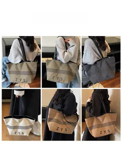 Collage of striped canvas tote bags in green, grey, cream and caramel colors