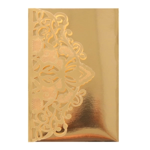 Detailed laser-cut floral pattern on golden metallic wedding invitation card with mirror finish