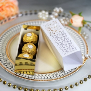 Laser cut hollow white gift box with gold liner for birthday party and wedding favors