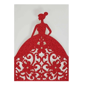 Sparkly red glitter laser cut wedding invitation card featuring an elegant girl silhouette