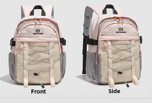Front and side views of pink and grey sports backpack with mesh pocket and bungee cords