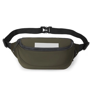 Detail view of water-resistant olive green chest bag with reflective strip and buckle
