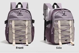 Front and side view of purple waterproof backpack featuring mesh pocket and elastic cords
