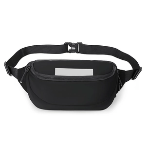 Detail of adjustable strap with quick-release buckle on waterproof black fanny pack