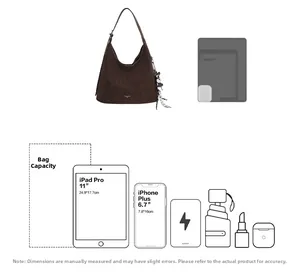 Size comparison of brown hobo bag showing capacity for 11 inch iPad and daily essentials