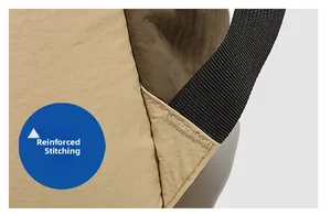 Close-up of reinforced bartack stitching on durable nylon outdoor backpack straps