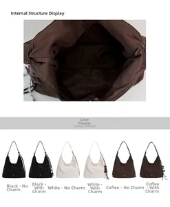 Detail view of large tote interior layout and color options in black, white, and coffee
