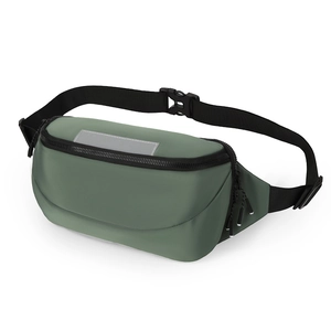 Macro detail of sage green waterproof waist bag featuring reflective safety strap and dual zippers