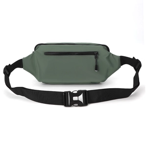 Detailed front view of dark green waterproof crossbody waist bag with adjustable strap