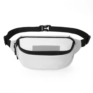 Detail of white crossbody bag with black zipper, adjustable strap and reflective safety strip