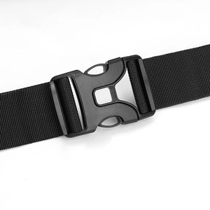 Detail of durable black plastic quick-release buckle with nylon webbing for outdoor bags