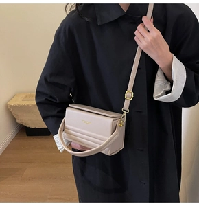 Close-up of beige box bag with gold metal hardware and adjustable shoulder strap