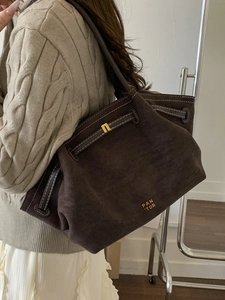 Minimalist PU Tote Bag For Women Large Capacity Vintage Suede Look Shoulder Bag Contrast Stitching Fashion Commute Bag