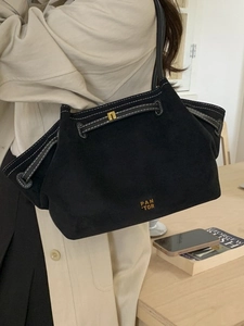 Retro large black suede tote bag with white stitching and gold logo for daily commuting