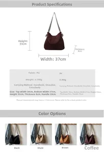 Detailed size chart and four-color display of this hobo tote with striped strap