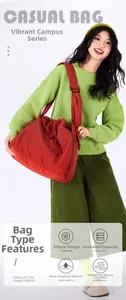 Detail of red water-resistant nylon drawstring shoulder bag with a spacious interior