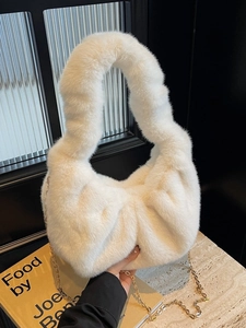 White faux fur cloud bag with a gold chunky chain and pleated texture for women