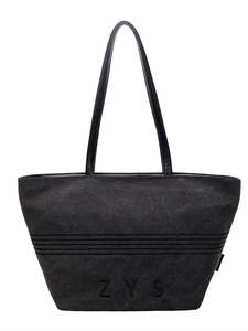 Large capacity striped canvas tote bag with black leather straps and ZYS logo design