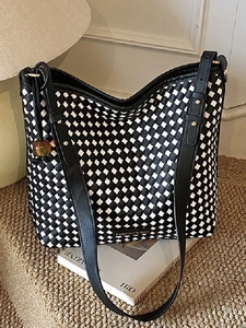 Damen Gewebt PU Leder Umhängetasche Große Kapazität Schachbrettmuster Tragetasche Mode Lässig Geflochtene Handtasche Für Den Täglichen Arbeitsweg