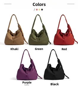 Detailed color palette showing khaki, green, red, purple, and black drawstring tote bags