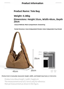 Detail view of large nylon tote bag showing dimensions 35x40x20cm and 0.38kg weight info