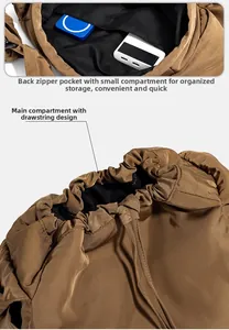 Detail view of brown quilted bag showing drawstring closure and zippered back compartment
