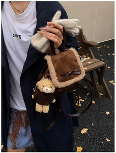 Brown suede mini backpack detail with plush trim, bow accent and cute bear charm