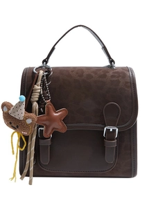 Retro leopard print faux suede backpack for women with teddy bear charm and silver buckles