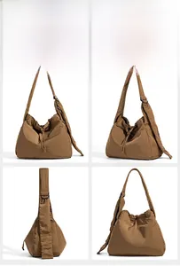 Brown nylon drawstring bag shown from four different angles in a detailed grid layout