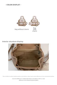 Detail view of mini cat backpack showing the beige leather texture and internal zip pocket