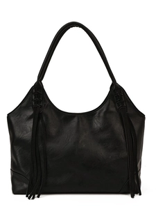 Grand sac cabas vintage noir avec poignées tressées et longues franges décoratives
