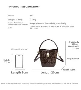 Dimensions du sac seau léopard: 20x10x18cm avec poids de 0,28kg pour le style et confort