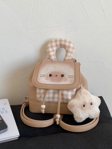 Cute khaki cat-themed backpack with star plush pendant and cat ear embroidery