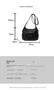 Detail view of black PU leather shoulder bag with dimensions and adjustable strap info