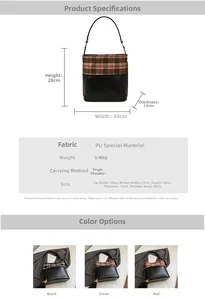 Size chart for chic checkered bucket bag with measurements and PU fabric details