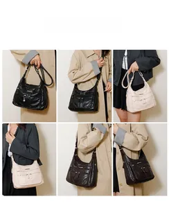 Collage of multi-pocket soft leather tote bags in black, beige, and brown colors