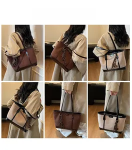 Multiple views showing large suede tote bag on a model for daily work commuting outfit