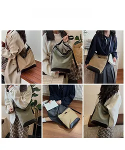 Collage of model carrying a large canvas bucket bag in khaki and olive green styles
