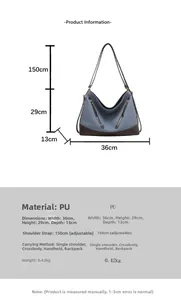 Detailed size specifications for blue and brown PU leather large capacity bucket bag