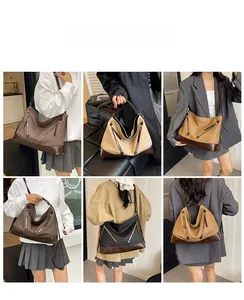 Detailed views of a large-capacity bucket bag showing multiple colors and carrying styles
