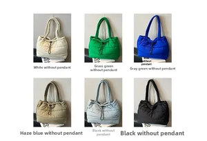 Collage of quilted down tote bags in six matte colors with drawstring closure details